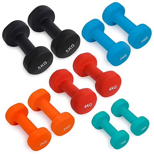 Neoprene+ Coated Cast Iron Dumbbells - Sizes 1-5kg, sold as pairs or a set
