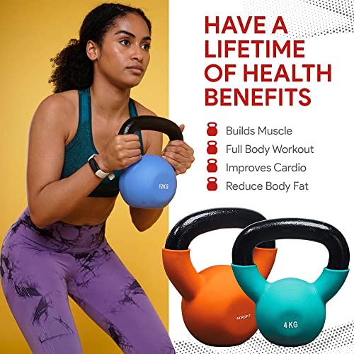 Lehecka+ Neoprene Coated Cast Iron Kettlebell Weights - Sizes 4kg to 20kg